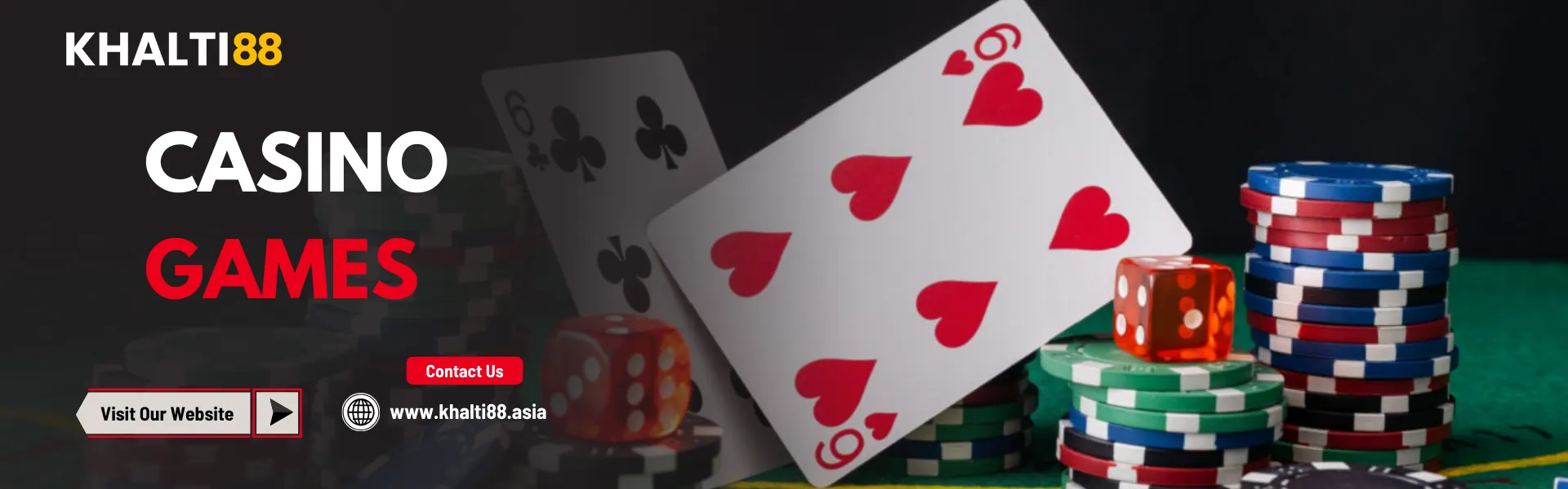 Khalti88 Nepal Casino Games banner featuring playing cards, poker chips, and dice on a casino table.
