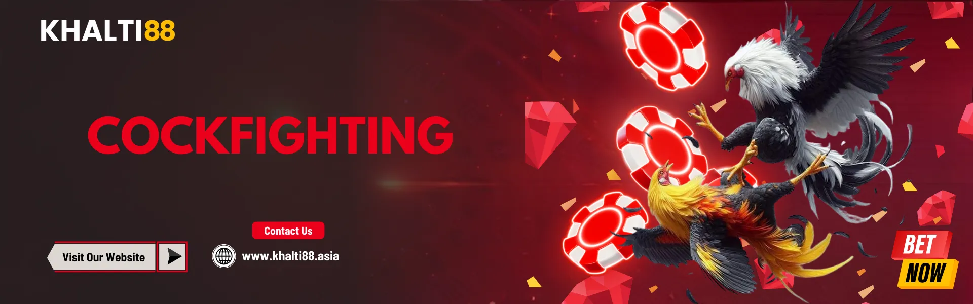 Khalti88 Cockfighting banner featuring two roosters in an intense mid-air fight with casino chips and confetti on a red background, promoting online cockfighting betting for players in Nepal.