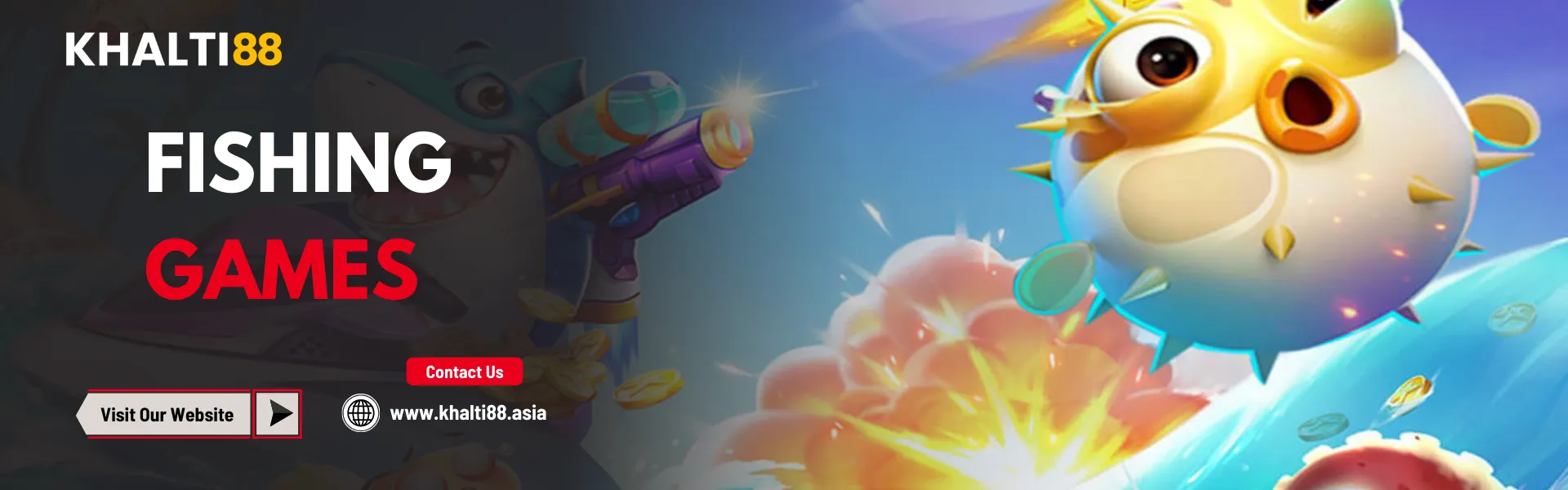 Khalti88 Nepal fishing games banner featuring animated pufferfish, ocean explosion effects, and colorful fish characters.