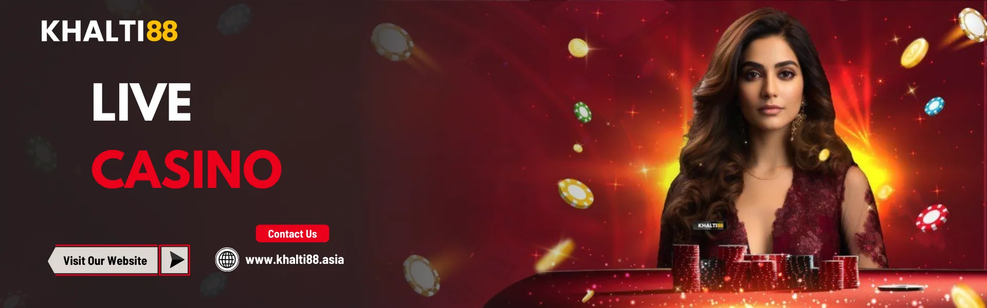 A red and dark-themed promotional banner for Khalti88 Nepal featuring a professional live dealer sitting at a casino table with stacks of chips. The text "LIVE CASINO" is displayed in large white and red letters on the left. Floating casino chips and sparks fill the background, which also includes the website URL www.khalti88.asia and a "Visit Our Website" button.