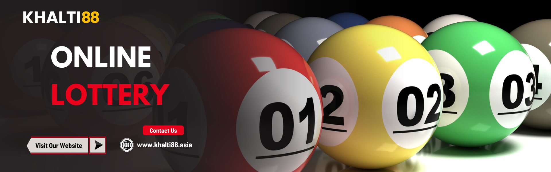 A promotional banner for Khalti88 Nepal featuring the text "ONLINE LOTTERY" and "Visit Our Website" alongside several colorful, numbered lottery balls on a dark background.