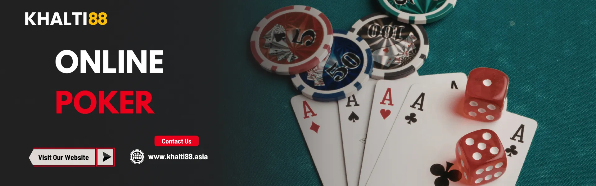 A promotional image for Khalti88 Nepal showing "ONLINE POKER" text next to four white Aces, several colorful casino chips, and two red dice on a green felt table.