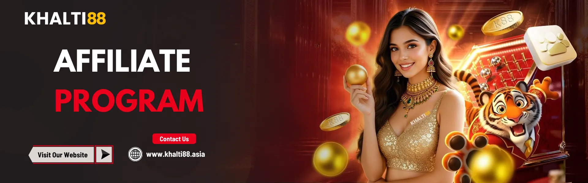 Khalti88 banner showing a woman holding a gold coin with slot graphics and floating coins, representing the affiliate program and earning opportunities